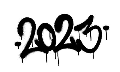 Sprayed 2023 tag gfont graffiti with overspray in black over white. Vector illustration. © Yevhen