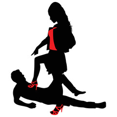 man lying on the floor while a woman steps on his chest