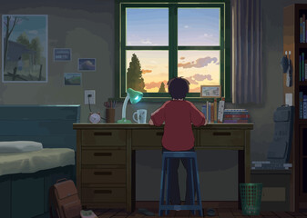 boy reading in his table anime digital art illustration painting wallpaper