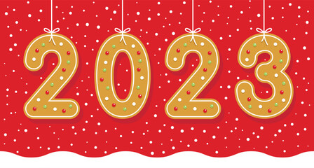 Christmas card with gingerbread in the shape of numbers, hanging with ribbon. New Year  2023. Vector illustration.