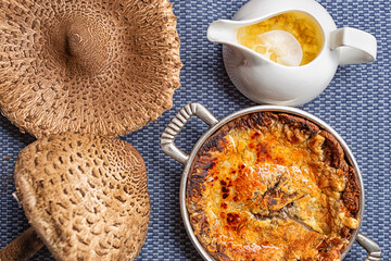 Fried Macrolepiota procera, parasol mushroom.