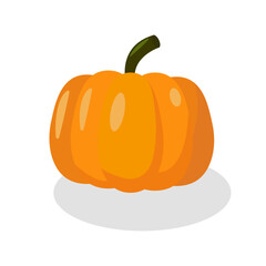 An orange round flat pumpkin for helloween with shadow on white background in flat style