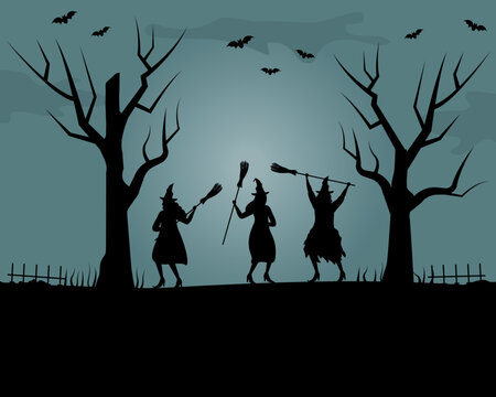 Halloween coven. Witches dance with brooms. Black silhouettes of women and trees on a blue background. There are also bats in the picture. Halloween party. Vector illustration
