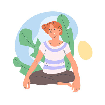 Cartoon meditating, relaxing man, breath training male character in lotus pose flat symbols png illustration