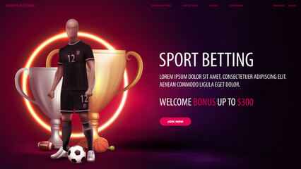 Sports betting, digital red banner with soccer player, yellow neon ring on background, champion cups and sport balls