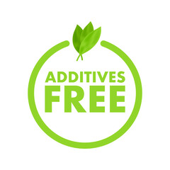 Green additives free label on white background. Natural organic nutrition. Sign forbidden