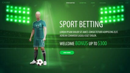 Sports betting, green banner for website with soccer player, offer and stadium on background