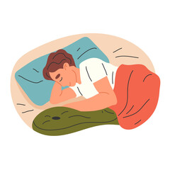Asleep man resting in bed, male character napping with pillow and blanket flat png illustration