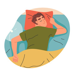 Cartoon sleeping man, resting male character in bed, bedtime scene, young guy sleeping under blankets flat png symbols illustration