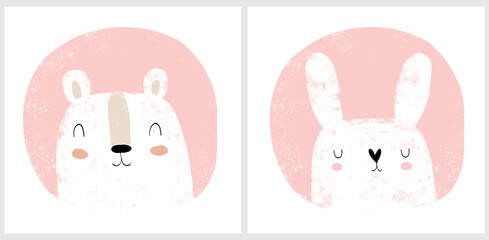 Set of Two Nursery Vector Arts with White Hand Drawn Bear and Bunny in a Pastel Pink Frame on a White Background. Cute Prints with Polar Bear and Rabbit in a Round Frame. No Text. Easter Bunny.