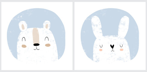 Set of Two Nursery Vector Arts with White Hand Drawn Bear and Bunny in a Pastel Blue Frame on a White Background. Cute Prints with Polar Bear and Rabbit in a Round Frame. No Text. Easter Bunny.