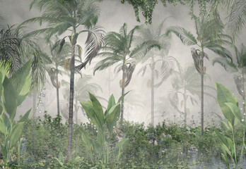 tropical trees and leaves for digital printing wallpaper, custom design wallpaper - 3D illustration
 - obrazy, fototapety, plakaty