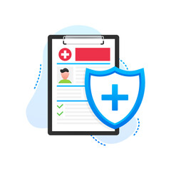 Health insurance concept. Medical document, clipboard. Vector illustration.