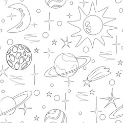 Hand drawn space elements seamless patterns. Space background. Space doodle illustration. Vector illustration. Seamless pattern with planets and stars