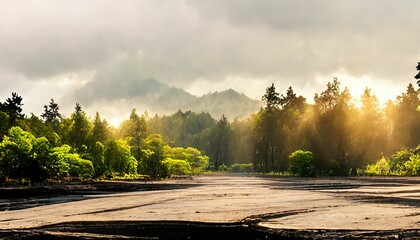 Asphalt road, a sunny forest and misty mountains in the background