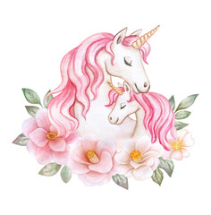 Naklejka na ściany i meble Unicorns mom and baby with flowers, flower frame, isolated on white background. Watercolor, illustration. Template. White horse. Template Clip art.