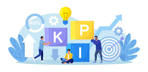 Key Performance Indicator. Businessmen put cubes together with word KPI. Business success measurement, achievement. Data review, evaluation. Analytics tool, financial management, measuring performance