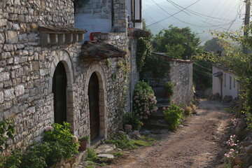 The quiet and full of flowers historical street of the old town of Berat, Albania 