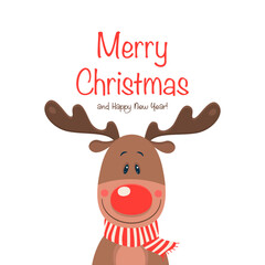Vector Cute and Funny Christmas Deer. Cartoon Christmas Reindeer, Design Template for New Year 2023 Card, Christmas Poster, Sticker, T-shirt Print, Kids Design
