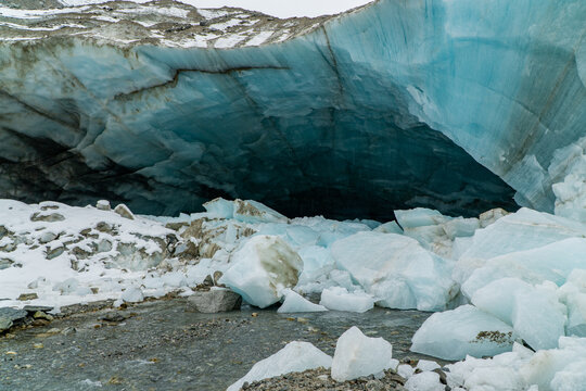close-up of the Oberaar glacier in the Swiss alps on a cloudy day in autumn