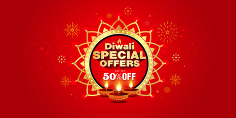 Diwali festival sale offer discount banner design. Diwali special offers 50% off text with golden luxury floral and candle on red background.