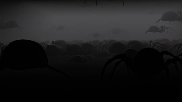 Black widow spiders dropping down in fog and advancing 3d