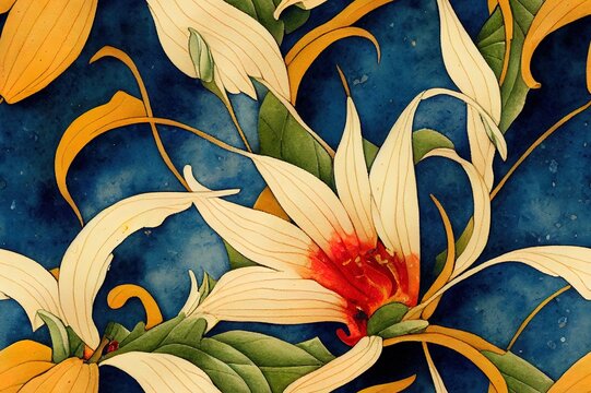 mediterranean flowers.Watercolor decorative tile pattern design.