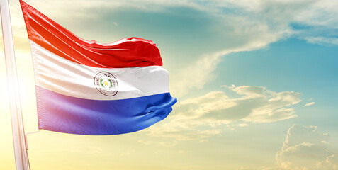 Paraguay national flag cloth fabric waving on the sky - Image