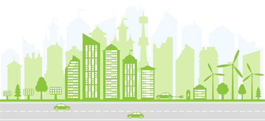 Ecological city and environment conservation. Green city silhouette with trees, wind energy and solar panels. Electric vehicles and charging station. Vector illustration.