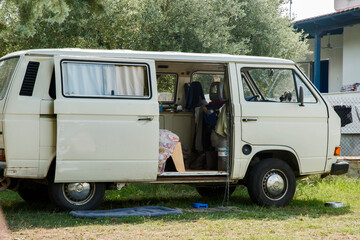 Vintage Volkswagen transporter bus as camper closeup