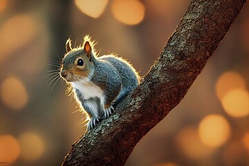 A squirrel in the autumn forest. A squirrel in nature in an autumn park. Cute squirrel sitting on a tree branch. 3d rendering - obrazy, fototapety, plakaty
