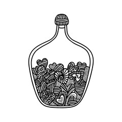 Doodle style illustration. Hearts inside the bottle, hand-drawn.