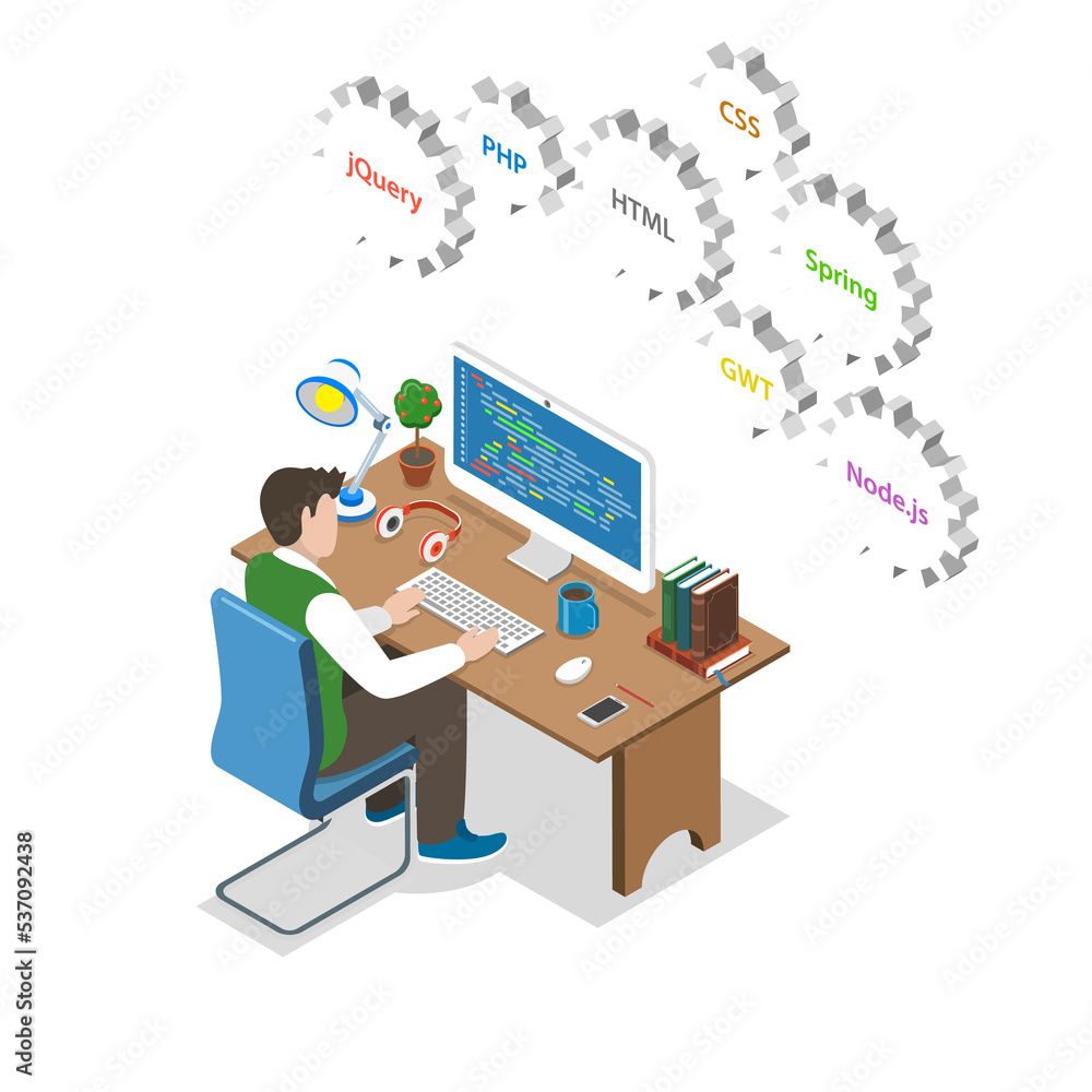 Poster programming flat isometric concept.