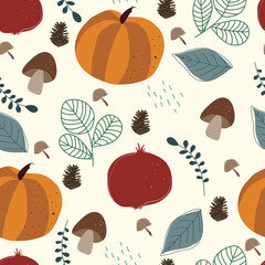 Autumnal seamless pattern with fall season leaves and fruits like mushrooms, pumpkins and pomegranate. Loopable background, repeatable and vectorized. Hand drawn, flat style. Multicolored.