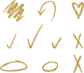 Golden glitter hand drawn retro shapes. Arrow, heart, wavy lines
