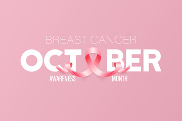 October. Breast Cancer Banner, Card, Placard with Vector 3d Realistic Pink Ribbon. Breast Cancer Awareness Month Symbol Closeup. World Breast Cancer Day Concept