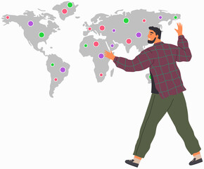 International business visual concept. Businessman stands at big world map shows and tells direction of movement of wold trade. Successful Trader. Social network. Travel agency manager at work