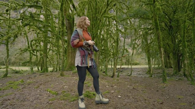 Woman takes pictures on camera in forest. Action. Woman with professional camera in green forest. Woman takes photos on forest hike with mossy trees