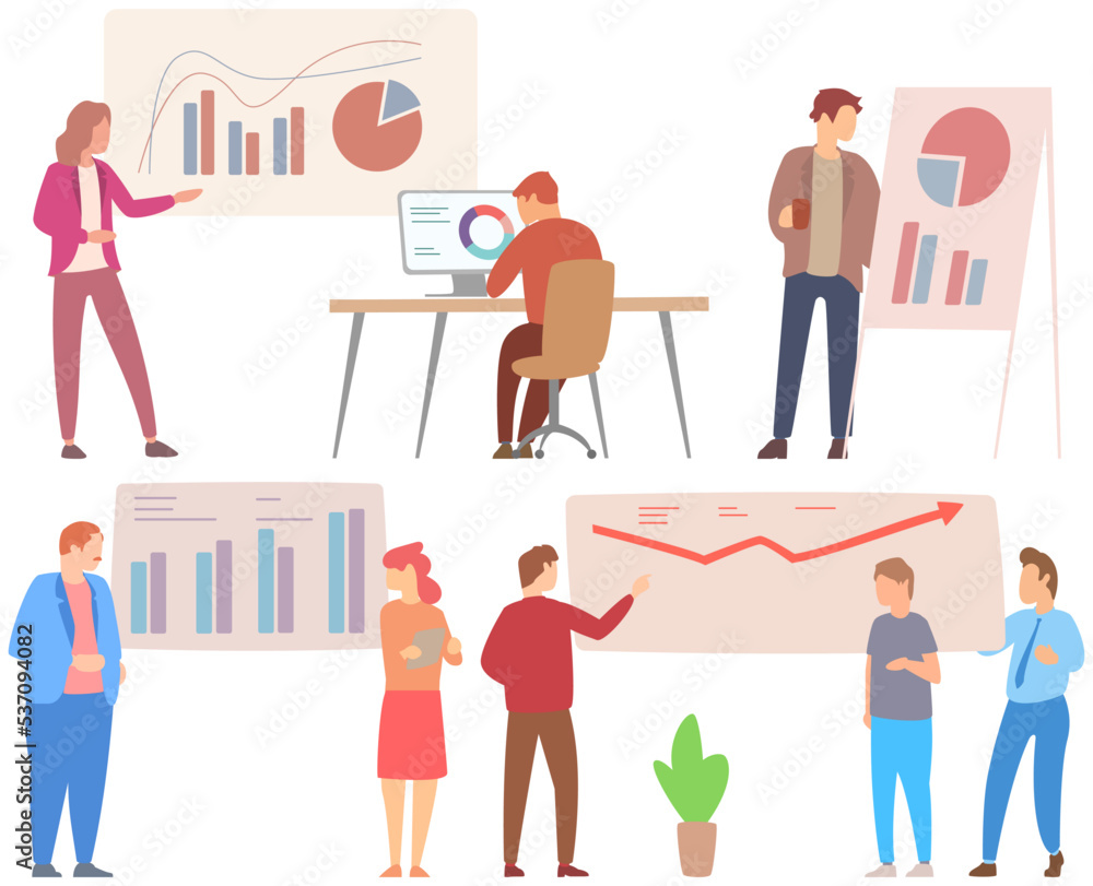 Poster manager makes presentation of statistical report analysis charts. planning business. teamwork consul