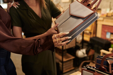 Woman buying new handbag during shopping