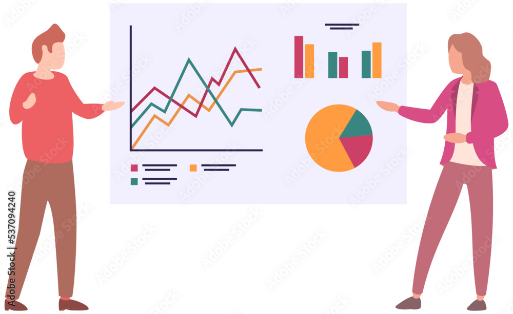 Poster manager makes presentation of statistical report analysis charts. planning business. teamwork consul