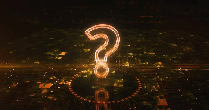 Question mark, search, support, faq, quiz and help hologram symbol appears on a digital background. Network, cyber technology and computer abstract concept 3d animation.