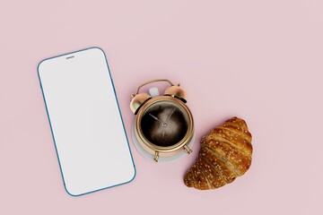 snack during the working day. smartphone, a cup of coffee in the form of an alarm clock and a croissant. 3D render