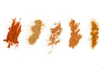 Set spices pile, oregano, red paprika powder, turmeric, cinnamon, ginger, isolated on white background,