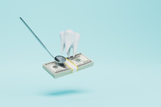 expensive dental treatment. a tooth and a dental speculum on a stack of dollars on a blue background. 3D render