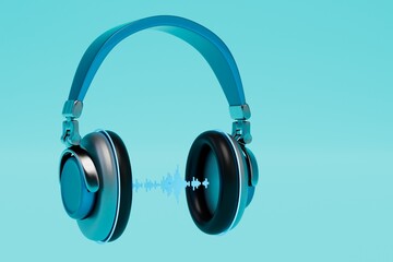 listening to music and books with headphones. headphones and track track on a blue background. 3D render