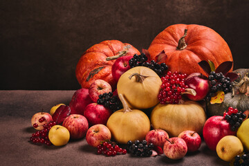 Autumn harvest, happy Thanksgiving day, Halloween. Still life with pumpkins, berries, apples on dark  brown background.