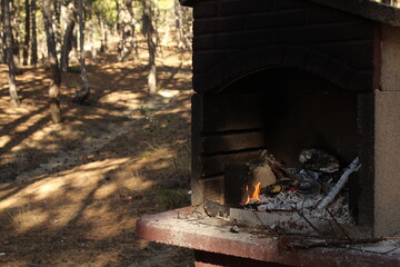 A man hand extinguished the fire in a grill with a bottle of water. Long exposure