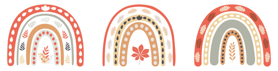 Set illustrations of rainbows in warm colours. Cosy background for card design, decoration, scrapbooking.