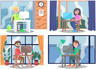 Office staff, manager work and communication. Office worker at the table. Business employees on their workspace. Co-worker. Businessman or a clerk working at his office workplace flat style